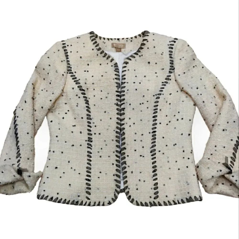 Nordstrom Studio 121 Cream Lace trim tweed wool blend cardigan blazer jacket L